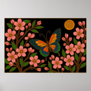 Schmetterling Kirschblüten Mond Poster