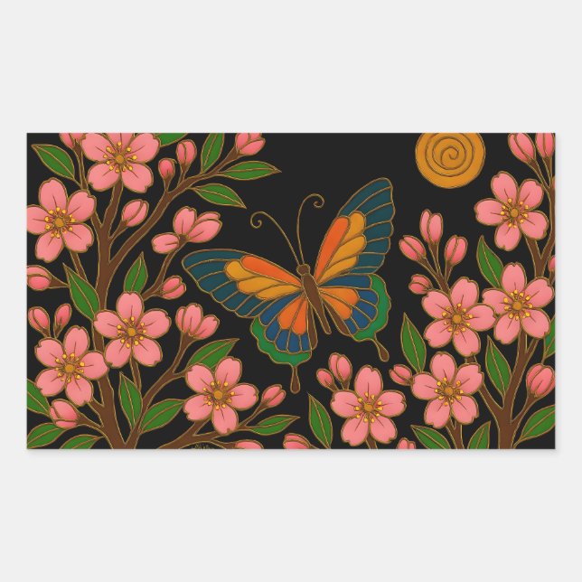 Schmetterling Kirschblüten Mond Rechteckiger Aufkleber (Vorderseite)
