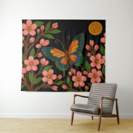 Schmetterling Kirschblüten Mond Wandteppich