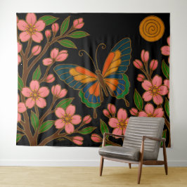Schmetterling Kirschblüten Mond Wandteppich