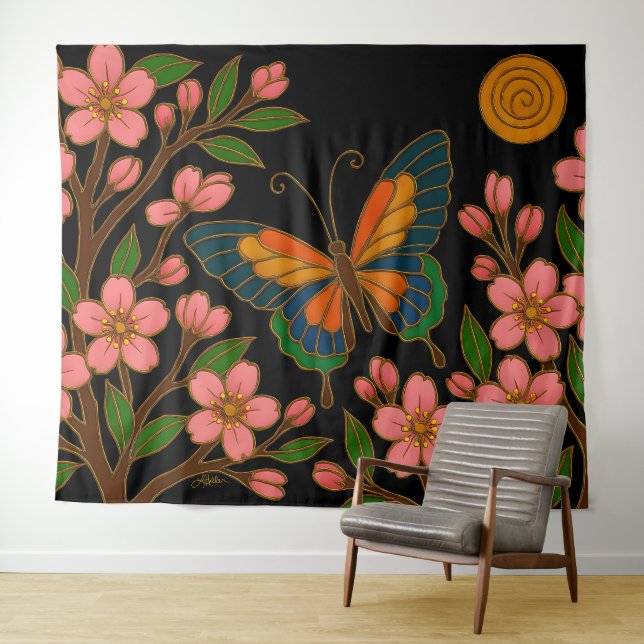 Schmetterling Kirschblüten Mond Wandteppich (Beispiel (Horizontal))