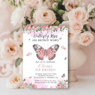 Schmetterling-Küsse in Rosa und Gold Einladung
