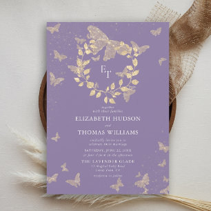 Schmetterling Lavendel Gold Monogramm Kranz Hochze Einladung