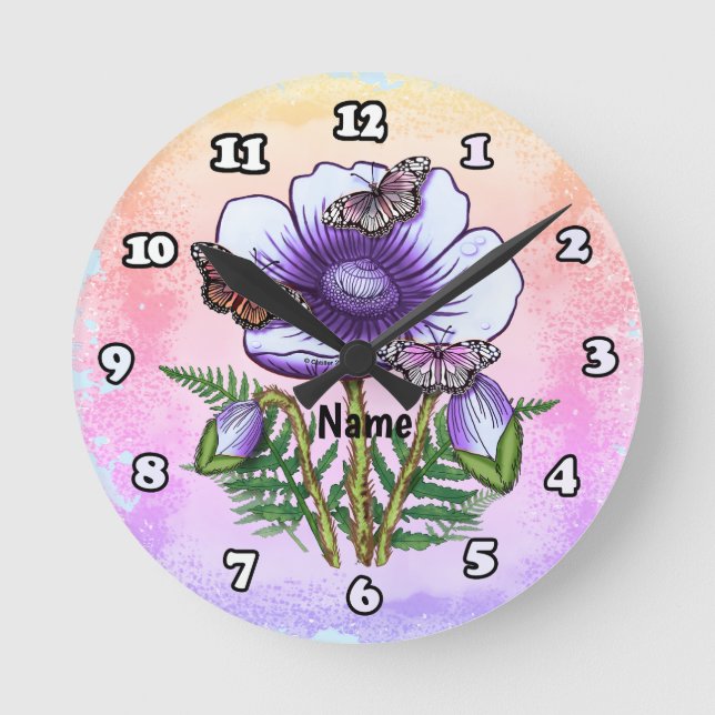 Schmetterling Lila Mohn  Runde Wanduhr (Vorderseite)