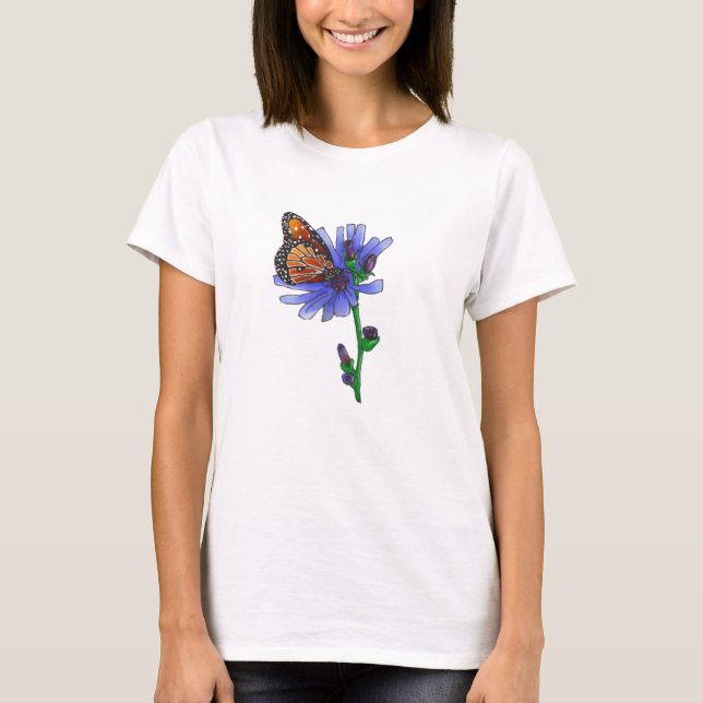 Schmetterling mit blauer Blume T-Shirt (Vorderseite)