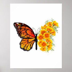 Schmetterling mit gelbem Kalifornischen Klatschmoh Poster