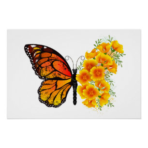 Schmetterling mit gelbem Kalifornischen Klatschmoh Poster