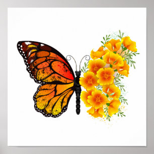Schmetterling mit gelbem Kalifornischen Klatschmoh Poster