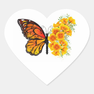 Schmetterling mit gelbem Kalifornischen Mohn Herz-Aufkleber