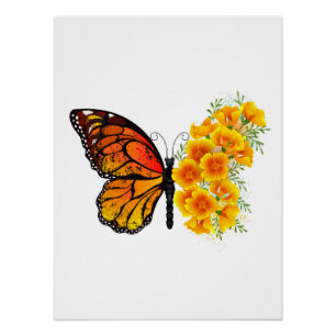 Schmetterling mit gelbem Kalifornischen Mohn Poster