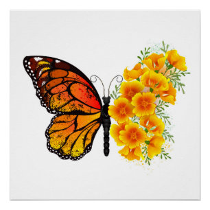 Schmetterling mit gelbem Kalifornischen Mohn Poster