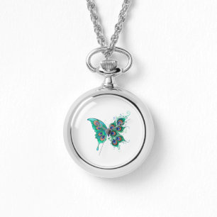 Schmetterling mit grünen Pfauenfedern Armbanduhr