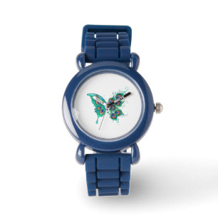 Schmetterling mit grünen Pfauenfedern Armbanduhr