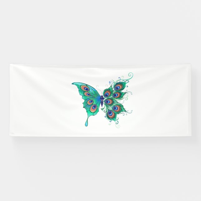 Schmetterling mit grünen Pfauenfedern Banner (Horizontal)
