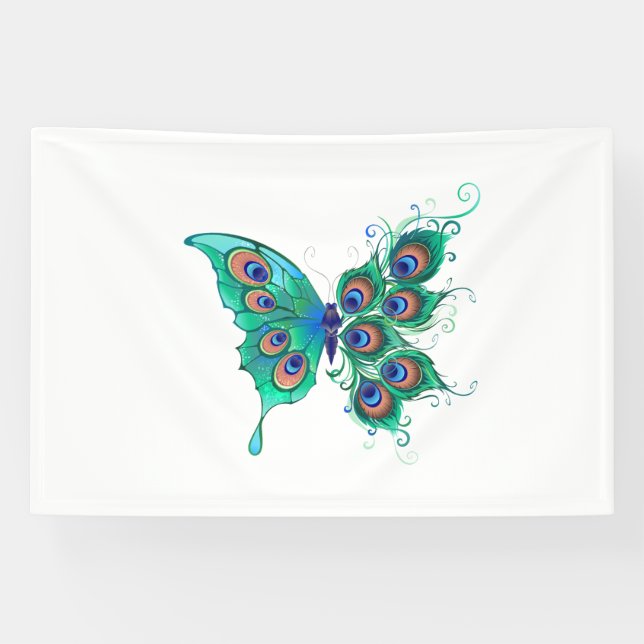 Schmetterling mit grünen Pfauenfedern Banner (Horizontal)
