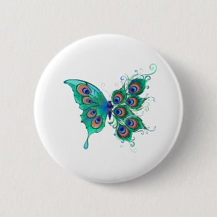 Schmetterling mit grünen Pfauenfedern Button