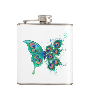 Schmetterling mit grünen Pfauenfedern Flachmann