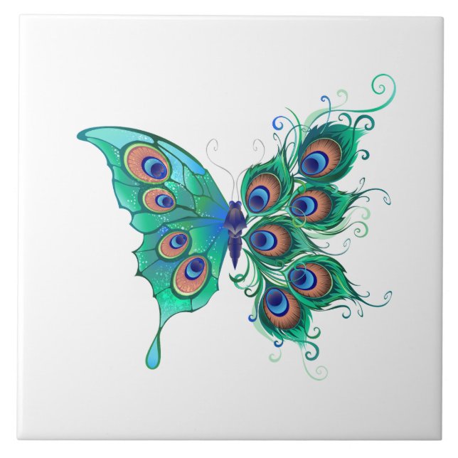 Schmetterling mit grünen Pfauenfedern Fliese (Vorderseite)