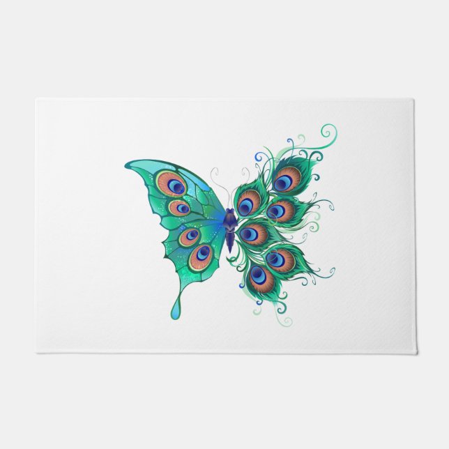 Schmetterling mit grünen Pfauenfedern Fußmatte (Vorderseite)