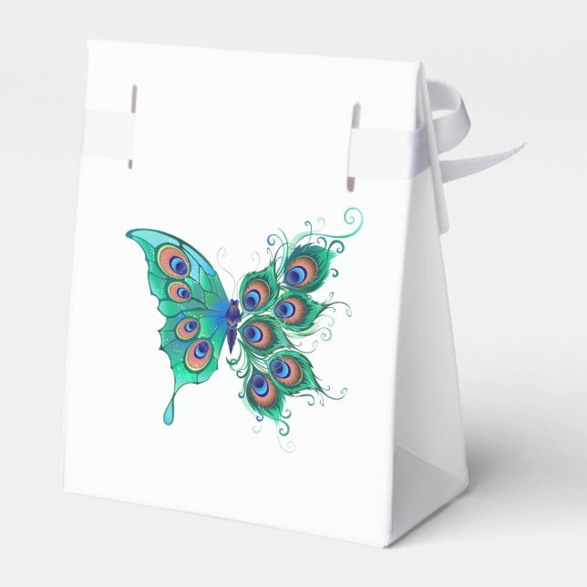 Schmetterling mit grünen Pfauenfedern Geschenkschachtel (Rückseite)