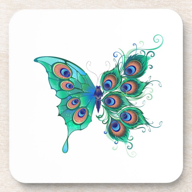 Schmetterling mit grünen Pfauenfedern Getränkeuntersetzer (Vorderseite)