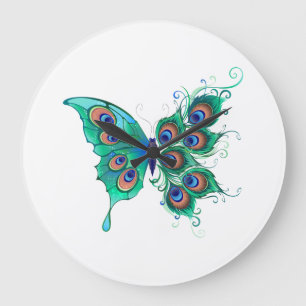 Schmetterling mit grünen Pfauenfedern Große Wanduhr