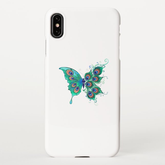 Schmetterling mit grünen Pfauenfedern iPhone Hülle (Rückseite)