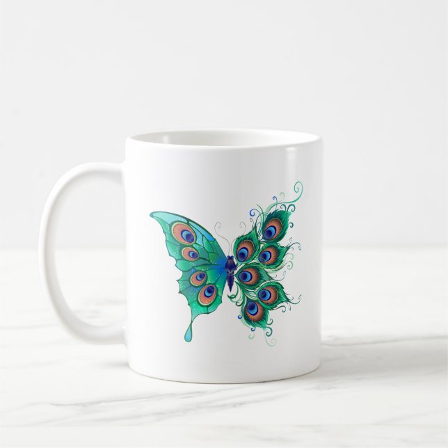 Schmetterling mit grünen Pfauenfedern Kaffeetasse (Links)