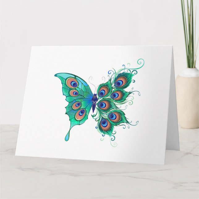 Schmetterling mit grünen Pfauenfedern Karte (Vorderseite)