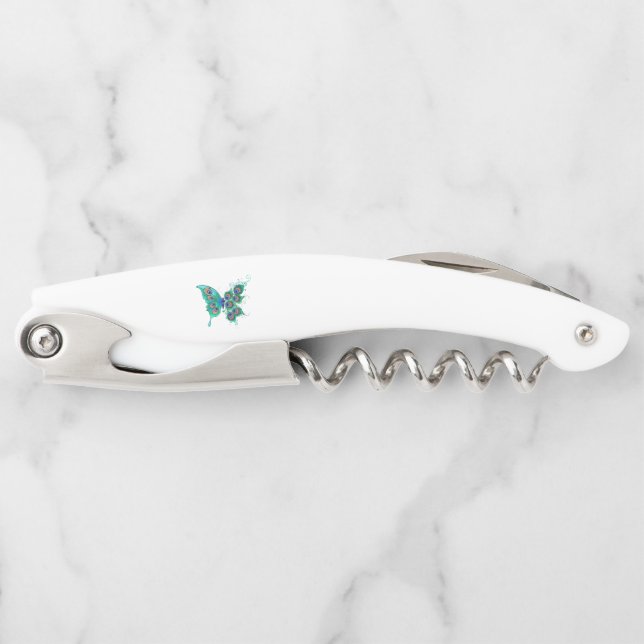 Schmetterling mit grünen Pfauenfedern Kellnermesser (Vorderseite)