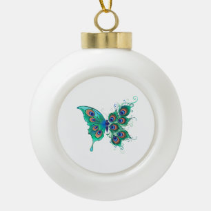 Schmetterling mit grünen Pfauenfedern Keramik Kugel-Ornament