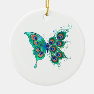 Schmetterling mit grünen Pfauenfedern Keramik Ornament
