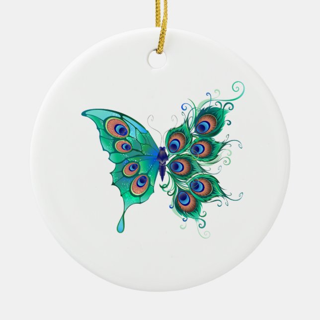 Schmetterling mit grünen Pfauenfedern Keramik Ornament (Vorne)