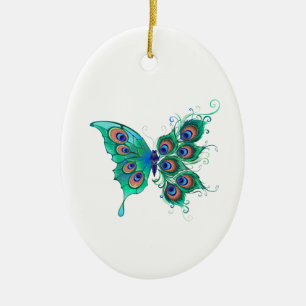 Schmetterling mit grünen Pfauenfedern Keramik Ornament