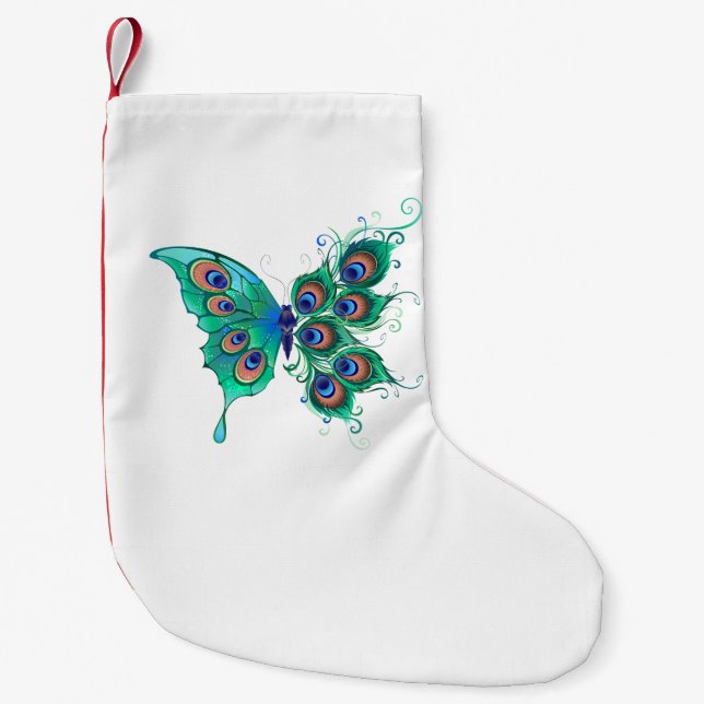 Schmetterling mit grünen Pfauenfedern Kleiner Weihnachtsstrumpf (Vorderseite)