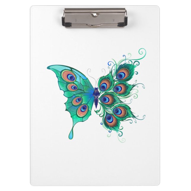 Schmetterling mit grünen Pfauenfedern Klemmbrett (Vorderseite)