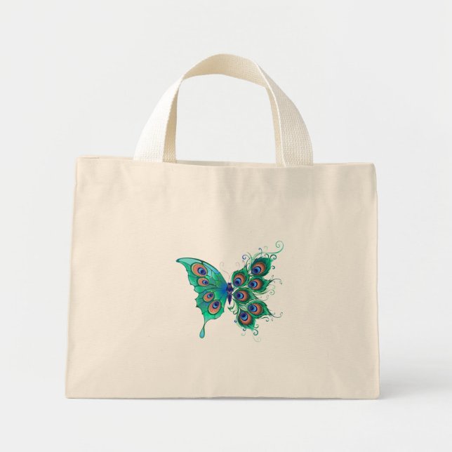 Schmetterling mit grünen Pfauenfedern Mini Stoffbeutel (Vorne)