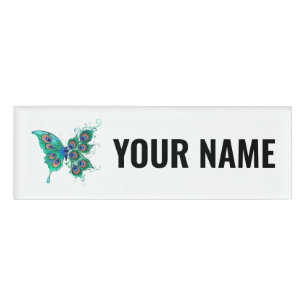 Schmetterling mit grünen Pfauenfedern Namenschild