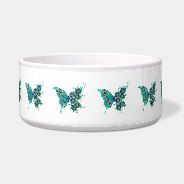 Schmetterling mit grünen Pfauenfedern Napf (Vorderseite)