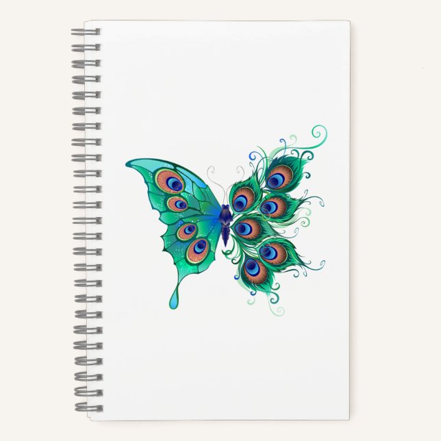 Schmetterling mit grünen Pfauenfedern Notizbuch (Vorderseite)
