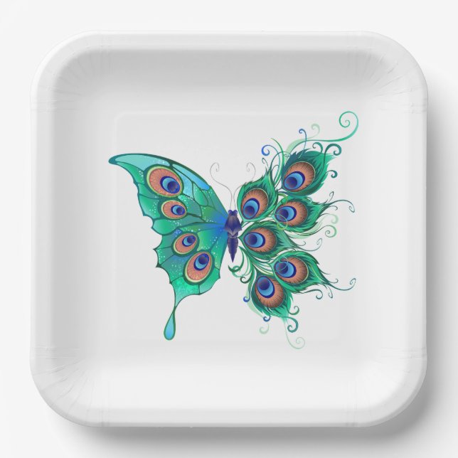 Schmetterling mit grünen Pfauenfedern Pappteller (Vorderseite)