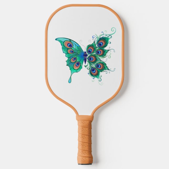 Schmetterling mit grünen Pfauenfedern Pickleball Schläger (Vorderseite)