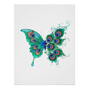 Schmetterling mit grünen Pfauenfedern Poster