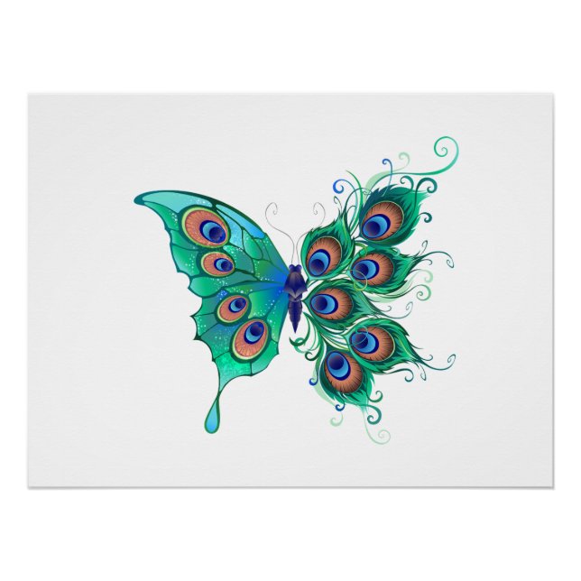 Schmetterling mit grünen Pfauenfedern Poster (Vorderseite)