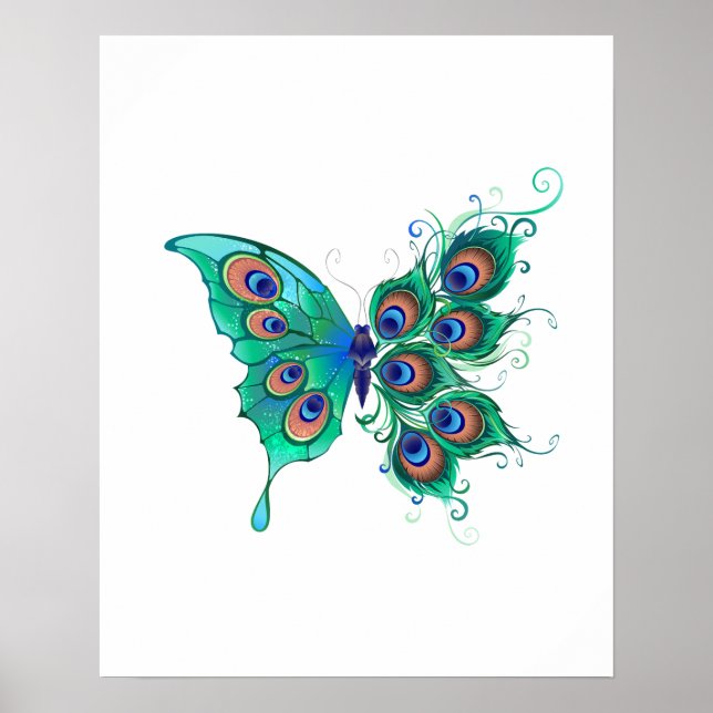 Schmetterling mit grünen Pfauenfedern Poster (Vorne)