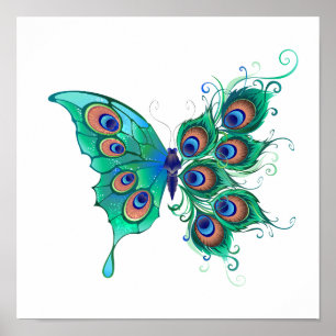 Schmetterling mit grünen Pfauenfedern Poster