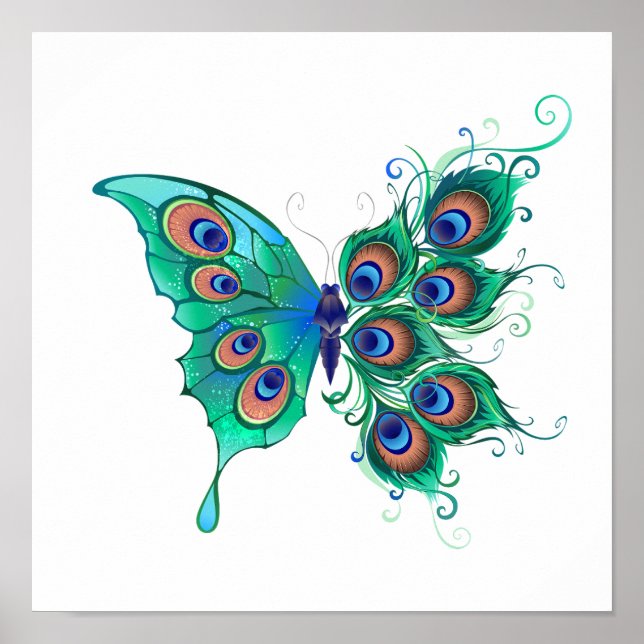 Schmetterling mit grünen Pfauenfedern Poster (Vorne)