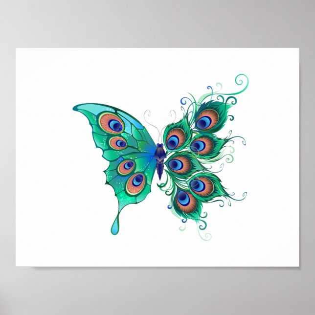 Schmetterling mit grünen Pfauenfedern Poster (Vorne)