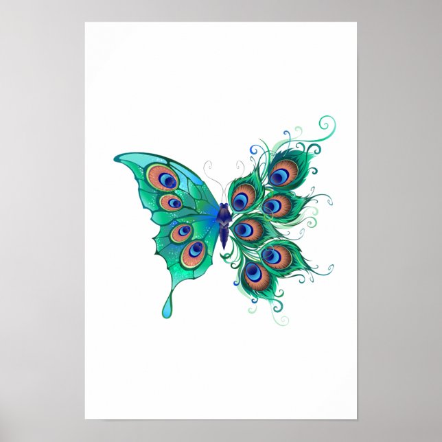 Schmetterling mit grünen Pfauenfedern Poster (Vorne)