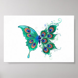 Schmetterling mit grünen Pfauenfedern Poster